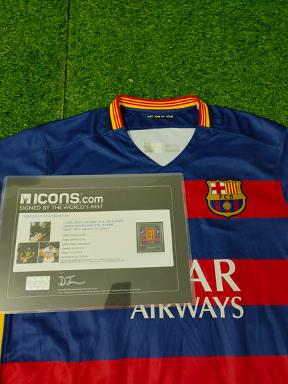 Messi, Suárez, Neymar Trio Signed Jersey 15/16 Barcelona Home Kit Icons coa