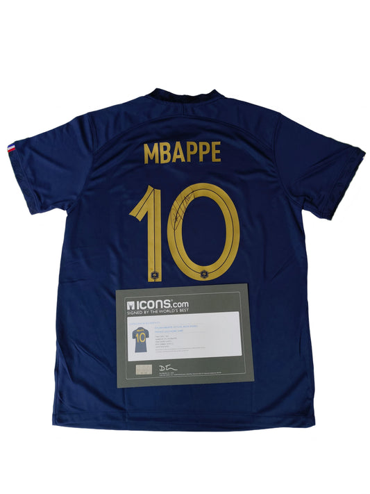 Camisa autografada de Kylian Mbappé Qatar Temporada 22/23 Casa Icons coa